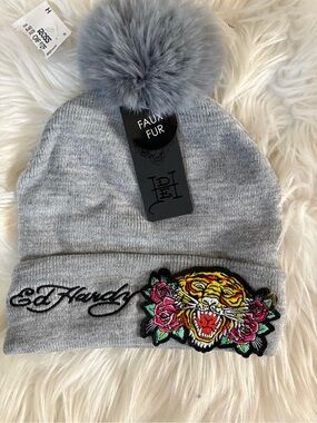 NWT Ed Hardy Lady Grey Pom Beanie with Tiger Patch